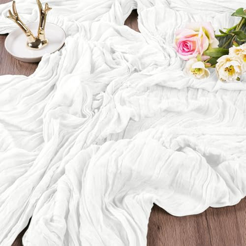 AUAUY Seihtuch Tischläufer, 2 Stück Weiß Käsetuch, Boho Gaze Käsetuch Rustikaler Durchsichtiger Läufer, Tischdecke für Boho Hochzeit Dekoration Geburtstagsparty 90x300 cm