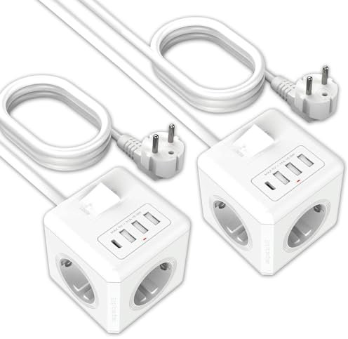 Mehrfachsteckdose Würfel USB mit Schalter 16A, 3fach Steckdosenleiste mit 3USB et 1Typ-C,ANTELA Steckdosenwürfel Mehrfachstecker Verlängerungskabel 1,5m, für Büro,2PCs