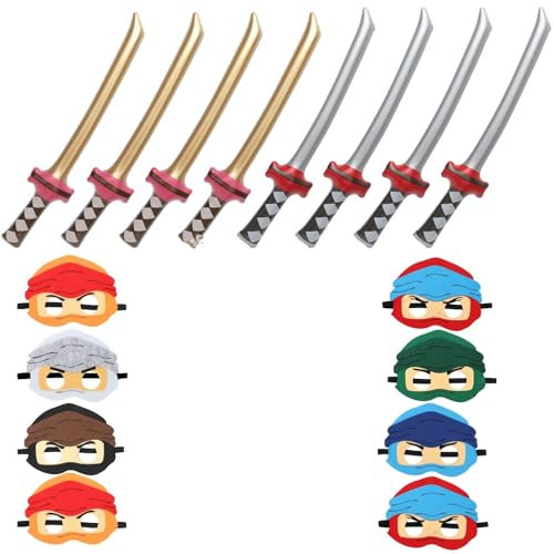 YANAYANA Ninjaoo Geburtstagsdeko, Kindergeburtstag Mitgebsel 8 Ninja Masken 8 Ninja Schwert Kinder, Ninja Geburtstag Party Mitgebsel Aufblasbares Zubehör Spielzeug für Jungen für Halloween Weihnachten