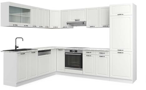 Vicco Eckküche R-Line, Küchenzeile in L-Form, Weiß Landhaus/Weiß, 227 x 60 cm, AP Marmor