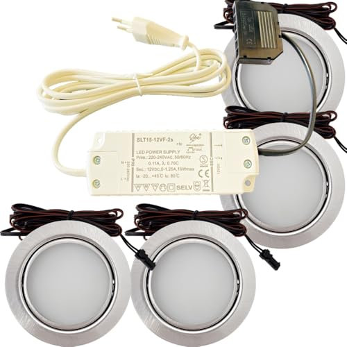 Lichtfaktor24 4er Set Möbel Einbauleuchten Edelstahl Gebürstet Superflach 3W Warmweiß 3000K 180lm 12V Mit 15W LED Trafo 230V Zuleitung. Spots für Wohnzimmer, Küche oder Bad