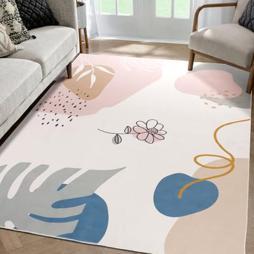 TUKDAK Kuscheliger Kurzflor Teppich, Moderne Teppich Wohnzimmer Waschbarer, Groß rutschfest Boho Weiche Teppichen, Grün Pflanze Teppich für Schlafzimmer Kinderzimmer Esszimmer (Rosa, 150x210cm)