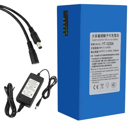 SSCYHT 12V 30Ah Rechargeable Li-ion Battery Pack 30000mAh Portable Polymer Lithium Battery for 12V Electronic Equipment with Charger,with light 12V30000mAh