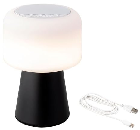 Lámpara LED con altavoz Bluetooth, recargable, 22,5cm, colores blanco y negro; ideal para uso en exteriores e interiores.