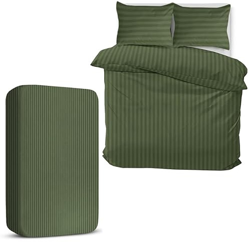 MOONLIGHT20015 King Size Duvet Cover Sets 4 Piece Satin Stripe Duvet Covers Soft Brushed Microfiber Bedding Set with Fitted Sheet & 2 Pillow Cases (Olive Green, 230x220 cm)