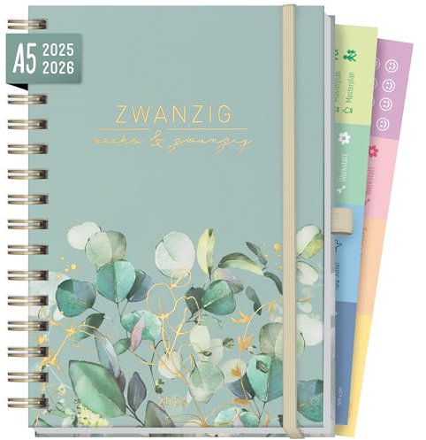 Häfft® Lieblings-Timer Deluxe Ringbuch Kalender 2025/2026 A5 Minty Leaves Wochenplaner 17 Monate: Aug. 25 bis Dez. 26 - Hardcover Terminkalender, Terminplaner - nachhaltig & klimafreundlich