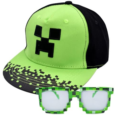 Miinnecraft Kinder Baseball Cap, 2PCS Baseballkappe und Sonnenbrille Sonnenschutz Cap Schirmmütze Baseballmütze Einstellbare Kappe Sonnenbrillen Cartoon Snapback Cap Set für Kinder Ab 2 Jahren