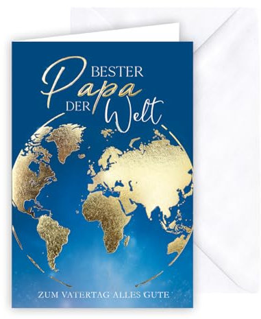 KE - Premium Karte zum Vatertag, Glückwunschkarte, mit Umschlag, weiß, Motiv: Weltkugel, Goldprägung, Format: B6 - Bester Papa der Welt