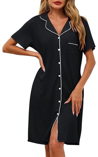 Lovasy Camicia da Notte in Cotone Donna Estiva Manica Corta Abito da Notte Allattamento con Scollo a V Pigiama Vestaglia Bottoni Davanti con Tasche
