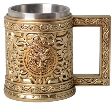 HAUCOZE Beer Stein Mug - Double-Wall Insulated Stainless Steel Coffee Drinking Cup with Handle,450ml,Wolf Head Design for Oktoberfest Gifts and Collectibles