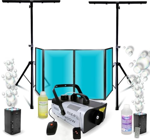 Ibiza - Lichtpaket DJ Lycra weiß 1200 x 700 - 2 Standfüße Mooving Light – Rauchmaschine 900 W – 2 Seifenblasenmaschinen – Party-Sound