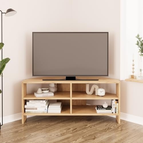 Bimossa Roy Corner TV Stand – Space-Saving TV Unit for 43–48'' TVs, Compact Media Console with Open Shelves & Cabinet, Ready to Assemble, (oak)