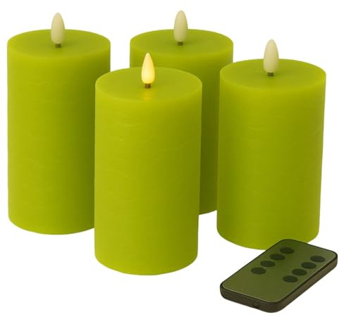Fachhandel Plus LED Kerzen mit Timer – Stumpenkerzen aus Echtwachs mit 3D Flamme & Fernbedienung – LED Echtwachskerzen in verschiedenen Farben & Größen – Ø 6,5/7,5 cm (Grün, 15 x 7,5 cm)