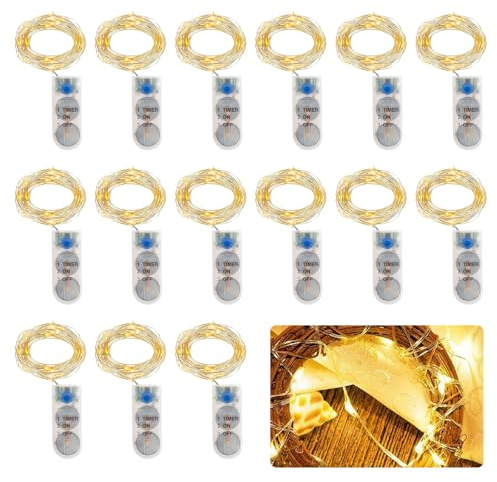 15 Stück LED Lichterkette Batterie: 2M 20 LEDs Batterie Kupferdraht Lichterkette, Lichterketten mit Timer, Wasserdicht Mini Lichtergirlande für Party Hochzeit Weihnachten Halloween, Warmweiß
