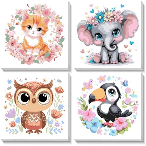 NEWENMO 4 Pièces Peinture par Numéros avec Cadre,Animaux Peinture Numero,Chaton Éléphant Hibou Toucan Motifs,Bricolage Acrylique Painting pour Décoration Maison 20×20cm