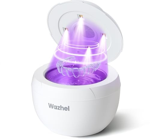Wazhel Ultrasonic Retainer Cleaner Machine, 45kHz Dental Cleaning Pod for Denture, Mouth Guard, Night Guard, Aligner, Braces, Toothbrush, 200ML Denture Cleaner with Digital Timer & 4 Modes, White
