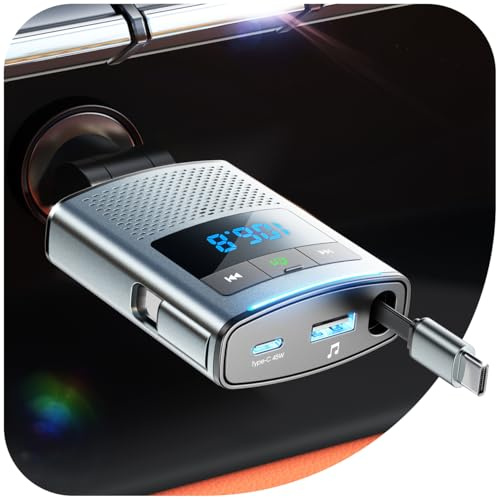 JOYROOM 90W Bluetooth 5.4 Adapter Auto,【100cm Einziehbares Kabel】 2025 Zigarettenanzünder USB C & FM Transmitter, 24V/12V USB Adapter Auto mit Freisprecheinrichtung, Auto Zubehör für iPhone 17
