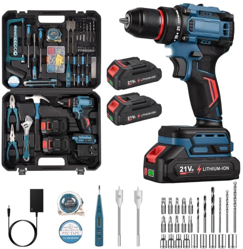 118PCS Cordless Drill Set 21V, 65N.m Max Electric Screwdriver Set with 4000mAh Batteries, 25+1 Torque Cordless Drill, 2 Variable Speed, LED Work Light, Home and Garden DIY Project Kit
