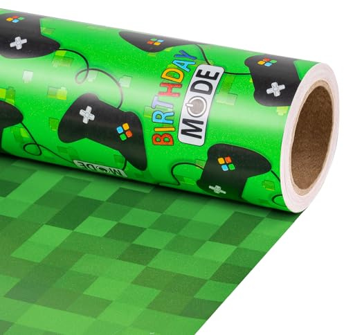 RUSPEPA Mini Reversible Birthday Gaming Wrapping Paper Green Game Controller & Pixel Pattern For Kids Boys Game Lovers Birthdays Parties Holidays 43.2cm x 5m