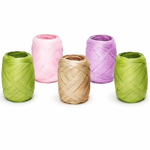 Papierband Raffiabast 5 Rollen Set je 20m - Geschenkband Raffia Papier Schnur Craft Verpackung - Bastband Papiergarn zum Binden Verzieren - Bänder für Geschenke Deko - Floraler Farben Mix