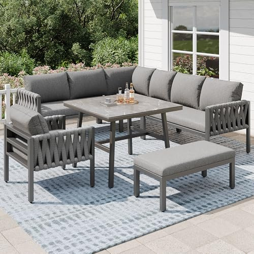 DHHU Ensemble de Salon de Jardin Extérieur 5 Pièces, Canapé d'angle Forme L avec Cadre en Fer Galvanisé, Pieds Réglables, Table en Verre Trempé, Coussins Inclus – Gris