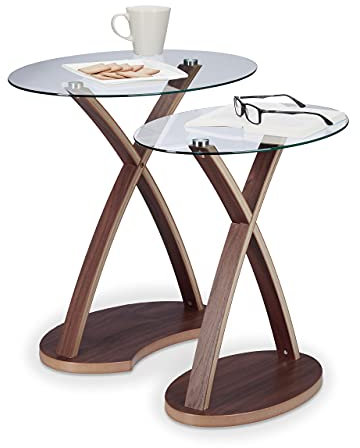 Relaxdays Beistelltisch Glas oval, 2er Set Glastische, Holzbeine, natur