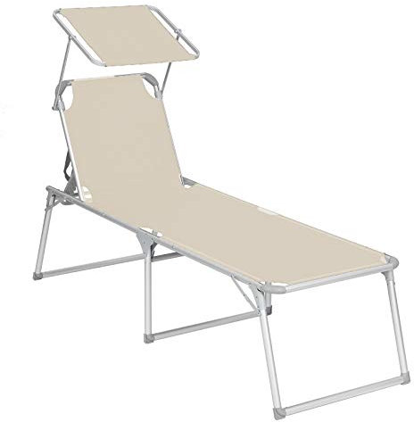 SONGMICS Sonnenliege mit Dach, Liegestuhl, Gartenliege, Aluminium, groß, 65 x 200 x 48 cm, bis 150 kg belastbar, Rückenlehne verstellbar, klappbar, Garten, Balkon, Terrasse, beige GCB26BE