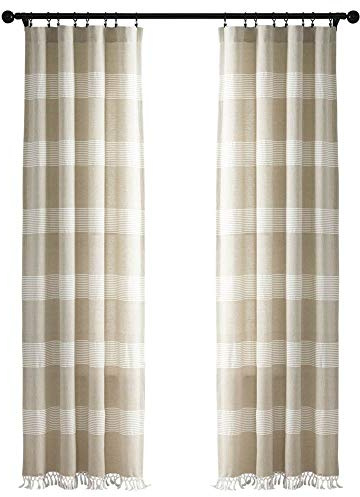 Lush Decor Tucker Stripe Yarn Dyed Cotton Knotted Tassel Window Curtain Panel Pair, 95 x 40, Taupe