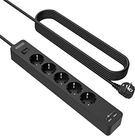 NTONPOWER 5 Fach Steckdosenleiste 3 Meter mit USB, Mehrfachsteckdose Überspannschutz Wandmontage Verwenden Sie Kleber, Langes Verlängerungskabel Kindersicherung, Schwarz