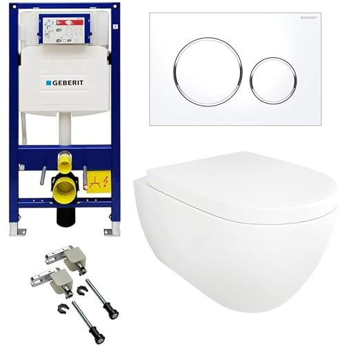 Alpenberger Wand WC Spülrandlos | Vorwandelement WC Set Komplett | Toilette mit Geberit Unterputzspülkasten & Geberit Duofix Bausatz & Betätigungsplatte | WC Sitz mit Absenkautomatik (7201 U)