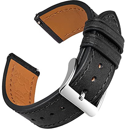 EACHE Uhrenarmband 20mm, Uhrenarmband Leder mit Schnellverschluss, Italien Pueblo Spezielles Mattiertes Leder Uhrband, Top Grain Uhrenarmbänder für Herren/Damen (Schwarz-Silber Schnalle)