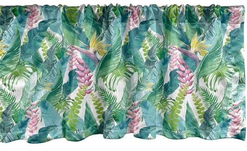 ABAKUHAUS Aquarell Fenster Volant, Exotische Dschungel Hawaii, Vorhang Volant für Küche Schlafzimmer Dekor mit Stangentasche, 137 cm X 30 cm, Grün, Rosa, Weiß