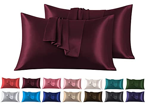 Satin Kissenbezug 50 x 75 cm 2 Stück- 100% Satin, Superweicher Kopfkissenbezug, Kissenhülle Bordeaux
