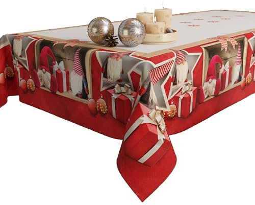 PETTI Artigiani Italiani - Tovaglia Natalizia Antimacchia Rettangolare Copritavolo Natalizio Cucina Disegno Elfo X12 Posti (140x240 cm) 100% Made in Italy