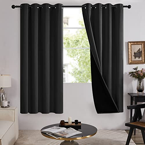 Deconovo Total Blackout Curtains Eyelet, Thermal Curtains for Winter, Multifunctional Double Layer Curtains for Bedroom, 52 x 54 Inch(W x L), Black, One Pair