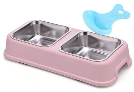 Double Dog Bowl,Non Slip Non-spill Stainless Steel Double Bowl with 1 Pet Food Spoop For Small Dogs and Cats (Square-Pink, S)