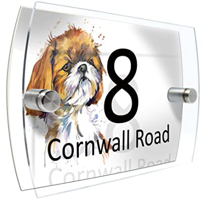 House Number Plaque Sign Door Road Plate for Dog Lovers Personalised Watercolour Print (D438 Shih tzu)