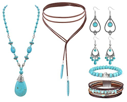 Kakonia 8 Stück Türkis Schmuck Boho Bohemian Schmuck für Frauen, Türkis Halskette Vintage Türkis Statement Ohrringe Boho Leder Armreif Dehnbar Türkis Schmuck Armband Statement Western Schmuck Set