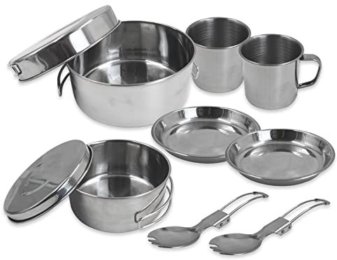 Batterie de cuisine de camping 10 pièces en acier inoxydable avec poignée pliable, kit de cuisine de randonnée avec tasses, casseroles, plats, cuillères, poêles