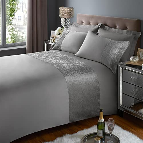 Soft Micro Polyester Bed Set with Crushed Velvet Band Durable Duvet Cover Set Shape-Retaining [Super King, Silver Grey]