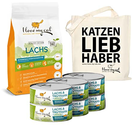 I Love My Cat Set Getreidefreies Trockenfutter 1,2 kg und Katzenfutter Nass mit Lachs und Truthahn 6 x 100 g ohne künstliche Inhaltsstoffe mit hoher Verdaulichkeit
