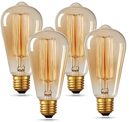HESSION ST64 Edison Bulbs, E26 Base 110V-40W 4-Pack 2700K Vintage Light Bulb, Amber Glass Warm Light Dimmable Decorative Bulbs for Livingroom Kitchen Table Light etc.