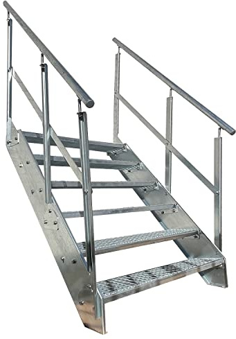 Kaminbau Mierzwa Premium Stahl Treppe Beidseitiges Geländer Verzinkt 6 Stufen (Breite 800 mm) (Höhe 114 cm) Wetterfest Gitterroststufe Gartentreppe