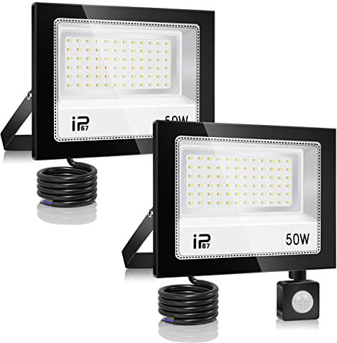 50W Projecteur LED Detecteur de Mouvement 2 Pièce，5000lm Spot LED Extérieur，7000K Blanc Froid，IP67 Etanche Super Lumineux Eclairage Exterieur，Éclairage mural d'extérieur pour Jardin, Patio, Garage
