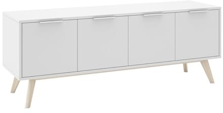 AltoBuy BLAJK - Meuble TV 4 Portes Scandinave MDF et Pin Massif Naturel et Blanc