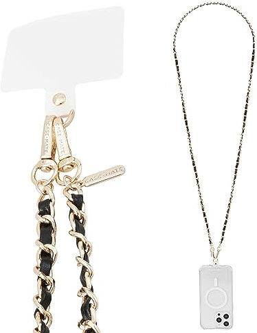 Case-Mate Crossbody Phone Lanyard [Works with All Phones] Hands-Free Strap - Leather Cell Phone Charm - Neck Chain Holder for iPhone 16 Pro Max/15 Pro Max/14/13/12/S25 Ultra - Gold Chain Black Leather