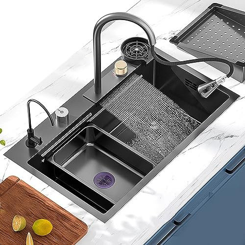 Fregadero De Cocina Negro Con Grifo De Cascada - Acero Inoxidable 304, Un Seno Con Lavavasos, Todos Los Accesorios Incluidos (80x45cm)