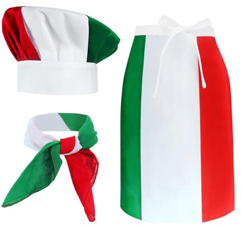 Kyson Italienische Flagge, Kochkoch, Kostüm, italienische Taille, Schürze und Pilz-Kochmütze, Bandana, Pizzakoch-Lätzchen, Backen, Grillen, Kochen, Geschenk, Setzen Sie einen, Einheitsgröße
