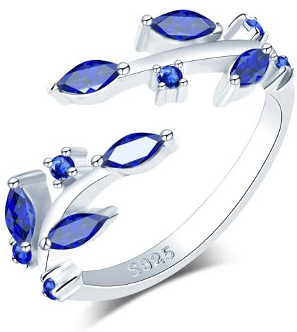 VIKILEE Damen Ringe S925 Sterling Silber Blatt und blauer Zirkonia Einstellung Ringe verstellbare Größe für Freundin Jahrestag VerlobungsRinge