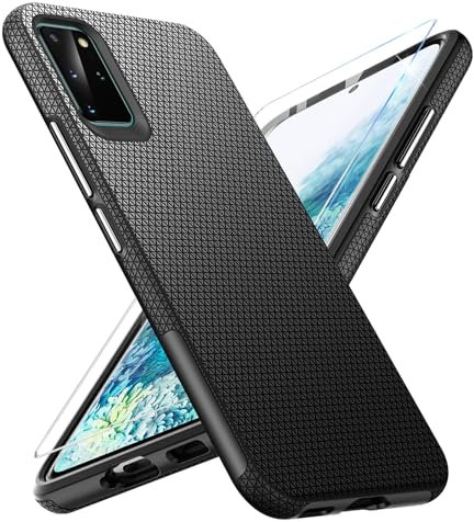Handyhülle für Samsung Galaxy S20 Plus Hülle mit Schutzfolie, Stoßfest Bumper Kratzfestigkeit rutschfest Schutzhülle Galaxy S20 Plus Schwer Silikon Armor für Samsung S20 Plus Case Cover (Schwarz)